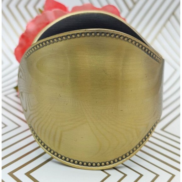 Hinged Brush Gold Tone Statement Cuff Bracelet Wide Studded Trim - Picture 4 of 10